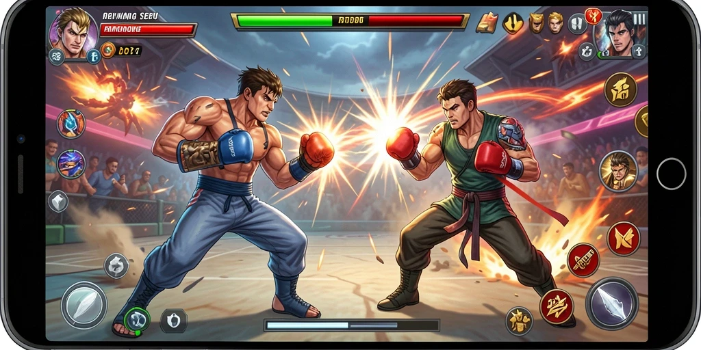 Screenshot memperlihatkan aksi seru karakter dalam game Fighting.